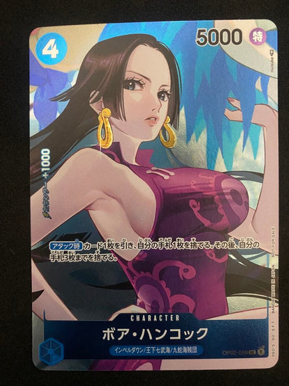 One Piece Boa Hancock OP02-059 promotional card with Blue attribute, cost 4, power 5000, and +1000 counter