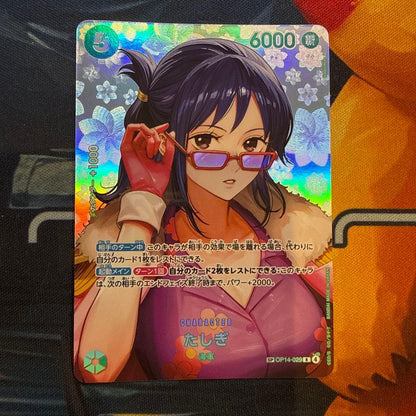 One Piece Tashigi SP OP14-029 Japanese rare SR card in sleeve, hard case, and waterproof protection