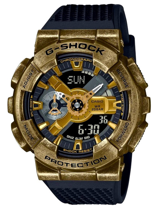 Casio G-Shock GM-110 Steampunk watch with aged gold IP finish and gear-themed hour and minute hands