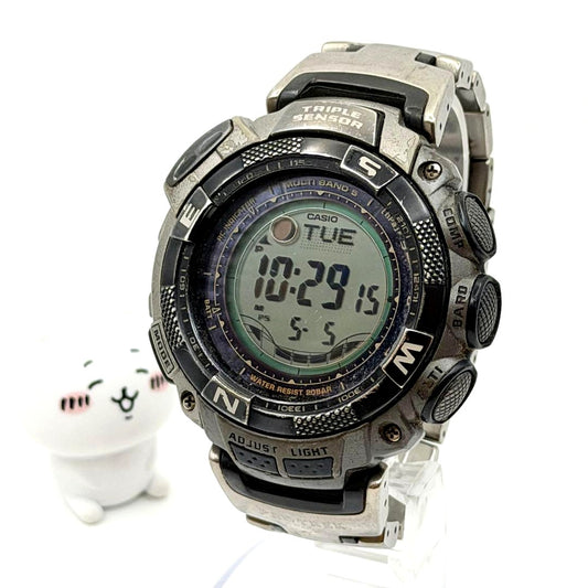 Used Casio Pro Trek Triple Sensor Watch with black strap and triple sensor features displayed