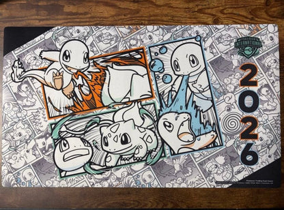 EUIC Pokémon Center limited edition 30th Anniversary playmat with Charmander, Squirtle, and Bulbasaur comic design
