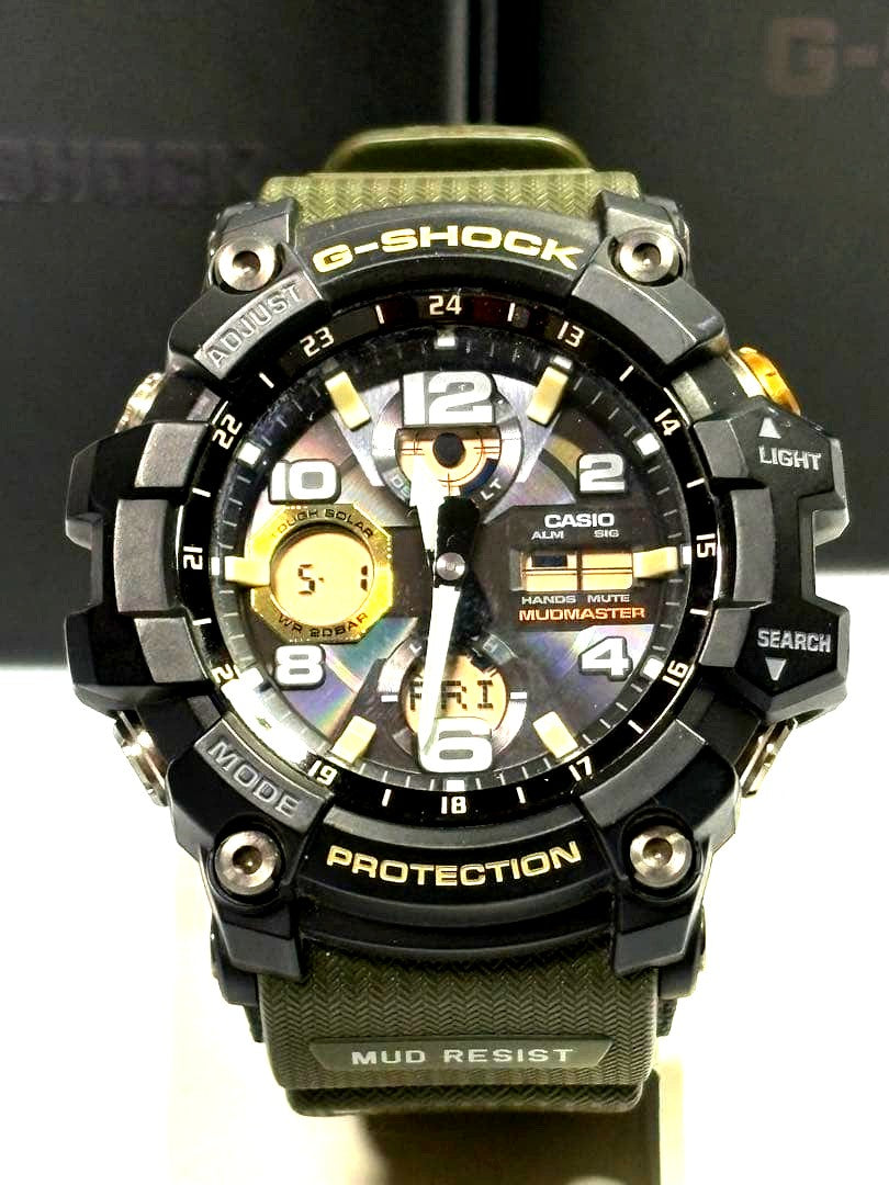 Casio G-Shock GSG-100 Mudmaster Tuff Solar watch with black and olive band, front view
