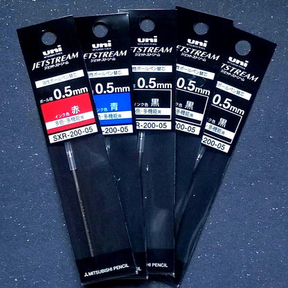 Five packs of 0.5mm Pilot Jetstream metal pen refills in black, ready for multi-function pens