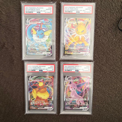 Four PSA 10 graded Pokemon Eevee Heroes VMAX promo cards with serial numbers from Japan import
