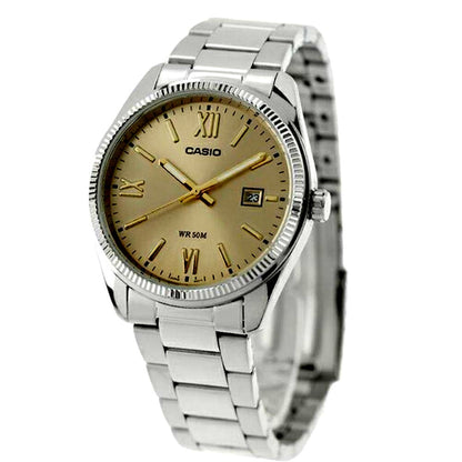 Casio MTP-1302DD-9AVDF watch with gold case and beige dial, new and unopened Japan import