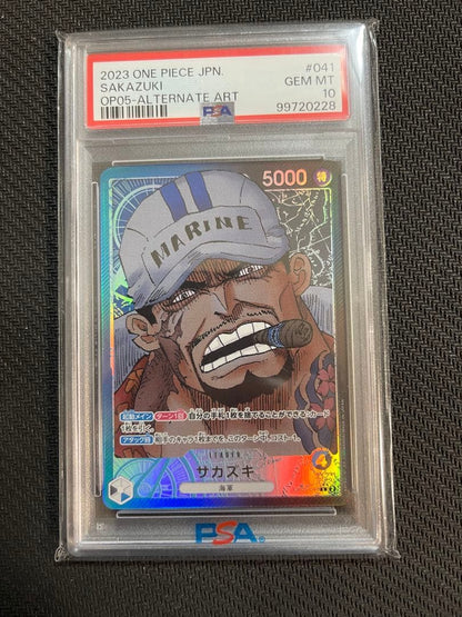 One Piece Sakazuki Leader Parallel PSA 10 Gem Mint Card from Shinjidai no Shuyaku series