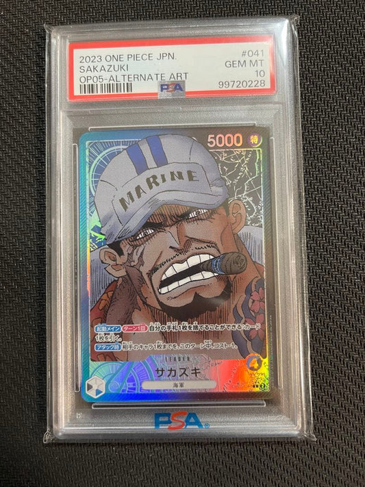 One Piece Sakazuki Leader Parallel PSA 10 Gem Mint Card from Shinjidai no Shuyaku series