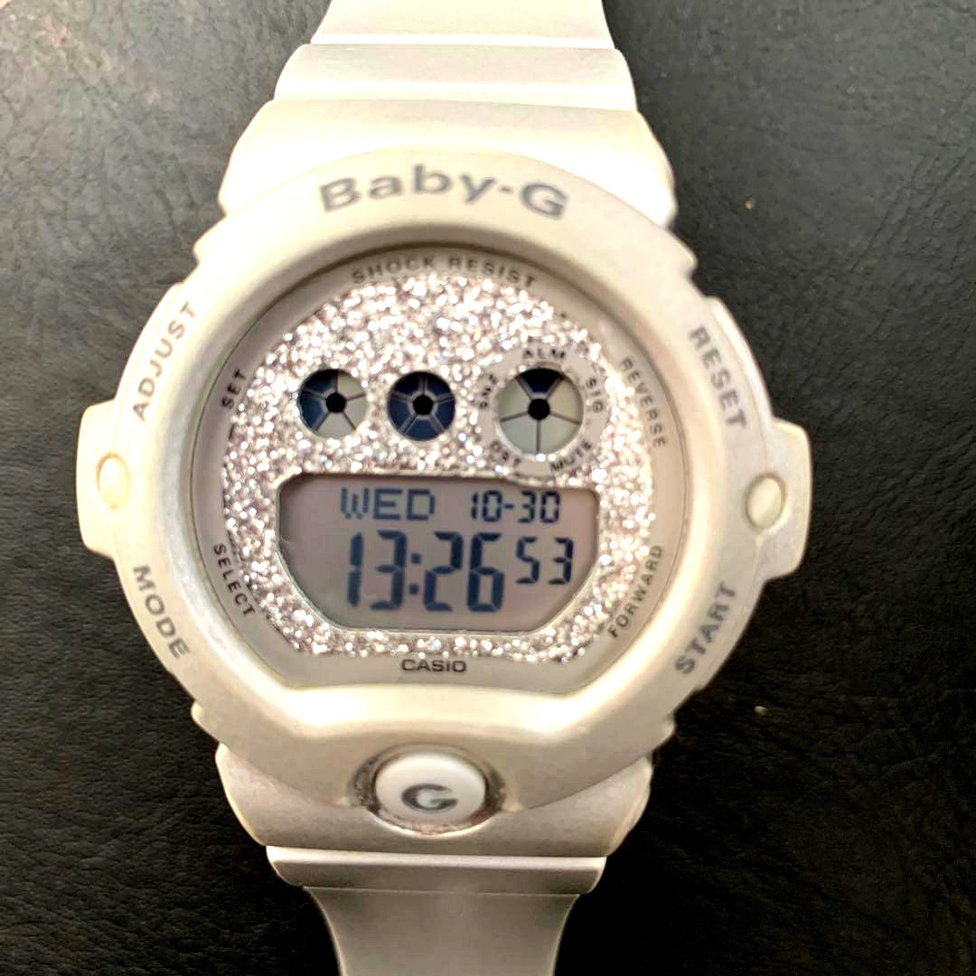 Casio Baby-G 3297P silver digital watch with digital display and replaced strap