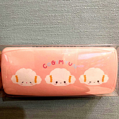 Pink Kogimyun Sanrio hard glasses case with included polyester glasses cloth measuring 5.5 x 6.7 inches