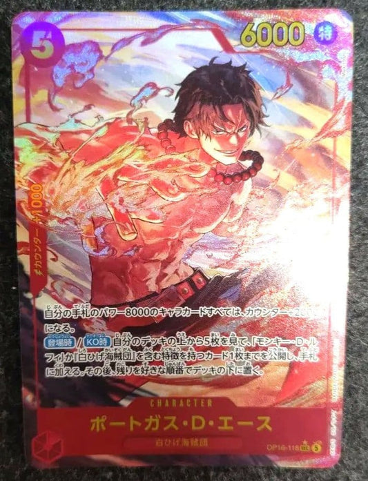 Sealed One Piece Portgas D. Ace OP16-118 SEC trading card from Japan in protective sleeve
