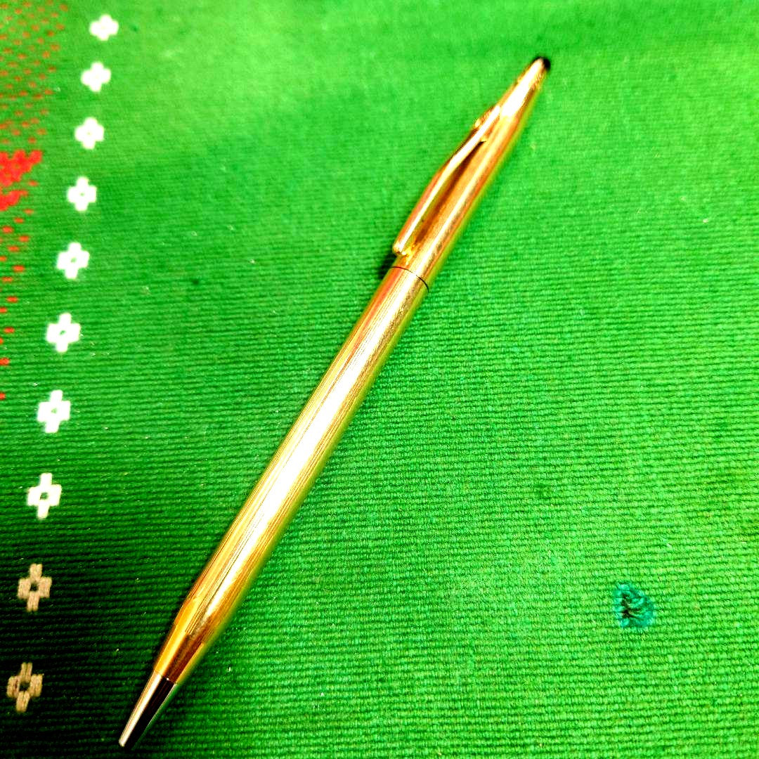 Cross 14KT 1/20 gold plated ballpoint pen with case showing engraved branding and gold finish