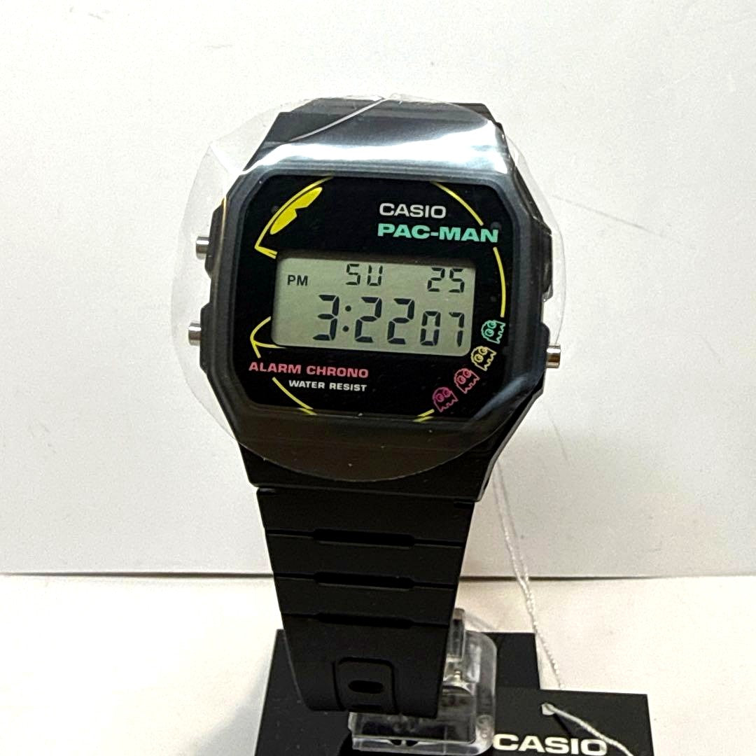 Casio Classic F-91WPC-1AJR PAC-MAN collaboration digital watch with neon accents and black resin band