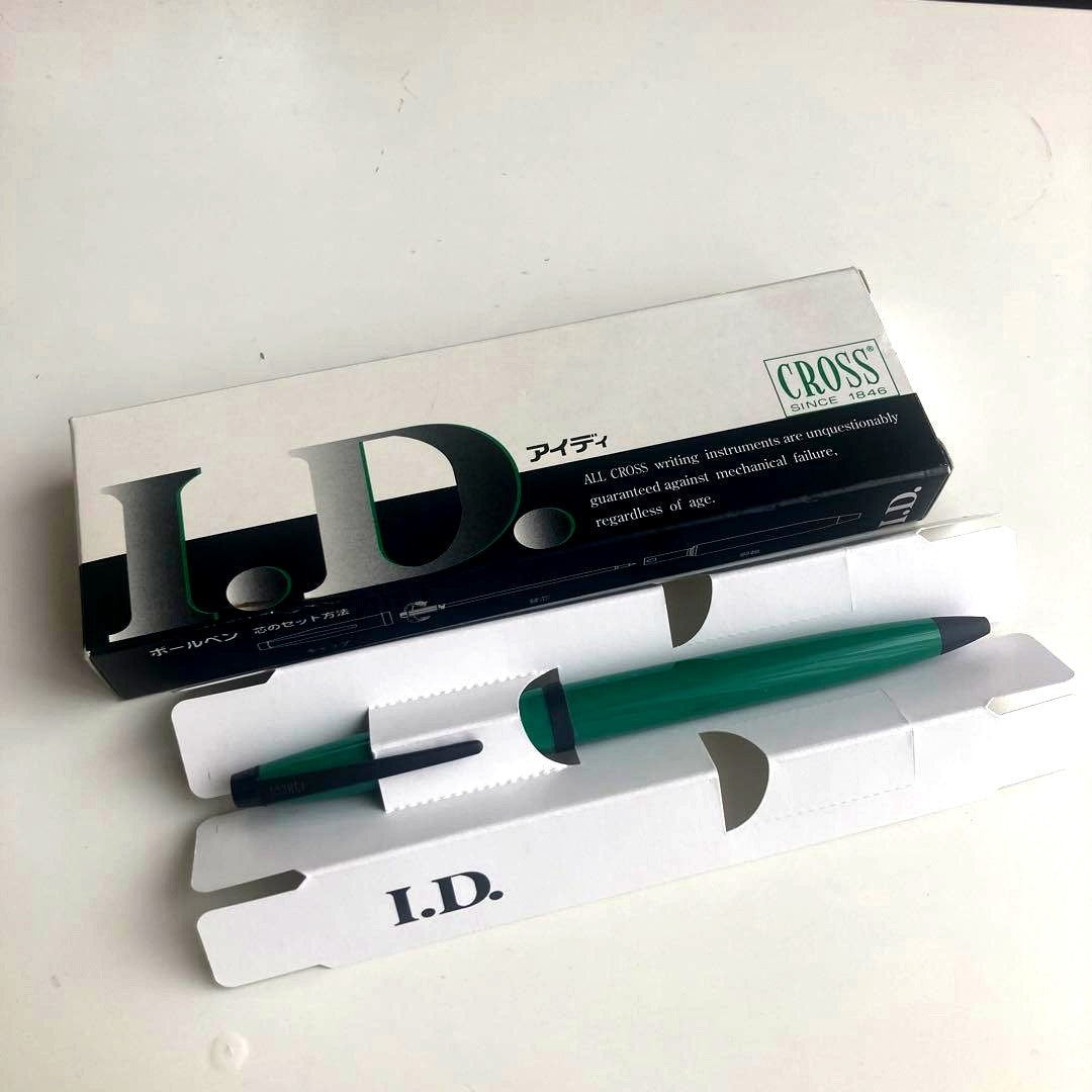 CROSS I.D. green ballpoint pen with original box displayed on white background