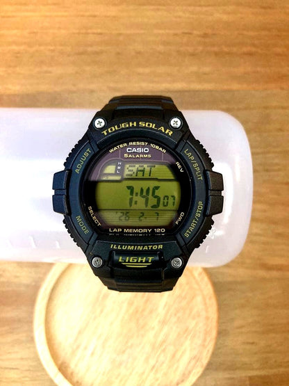 Casio W-S220-9AJH solar-powered digital watch with yellow strap and black face