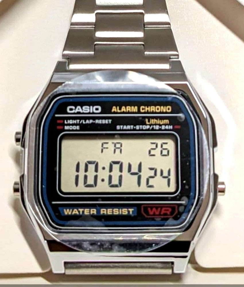 Casio Digital Watch model A158W-1DF with stainless steel band and retro digital display