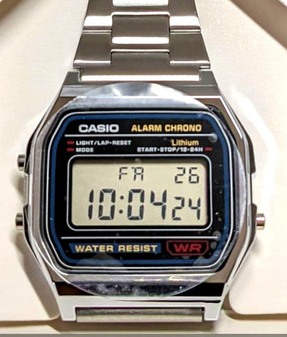 Casio Digital Watch model A158W-1DF with stainless steel band and retro digital display