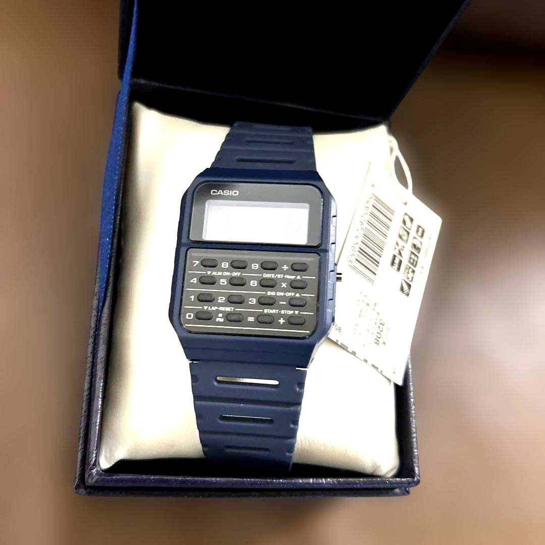 Casio Data Bank CA-53W navy digital watch with removable box and instruction manual