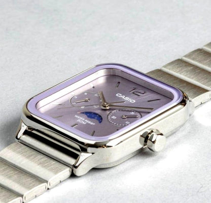 Casio MTP-M305D-6A purple quartz wristwatch with silver stainless steel band, new and unused