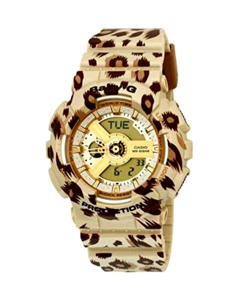 Casio Baby-G BA-110LP Leopard Series watch with gold dial, white hands, and white resin band