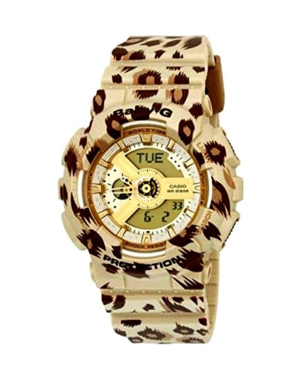 Casio Baby-G BA-110LP Leopard Series watch with gold dial, white hands, and white resin band