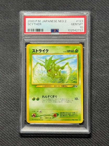 Scyther Neo 2 Series Pokémon card graded PSA 10 from 2000 Japan import with clear photo