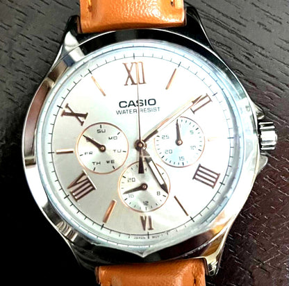 Casio MTP-V300 women's stainless steel chronograph watch with white silver dial and 39mm case