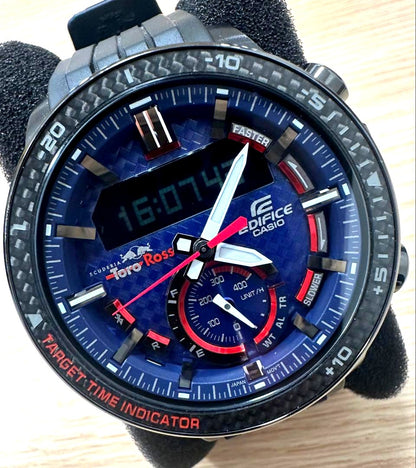 Casio Edifice Toro Rosso Limited Edition watch model m3888-D2100-600 showing front view with scratches and dirt