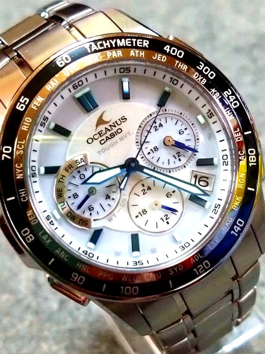 Casio Oceanus Manta OCW-S1200-7AJF watch with white mother-of-pearl dial and titanium band