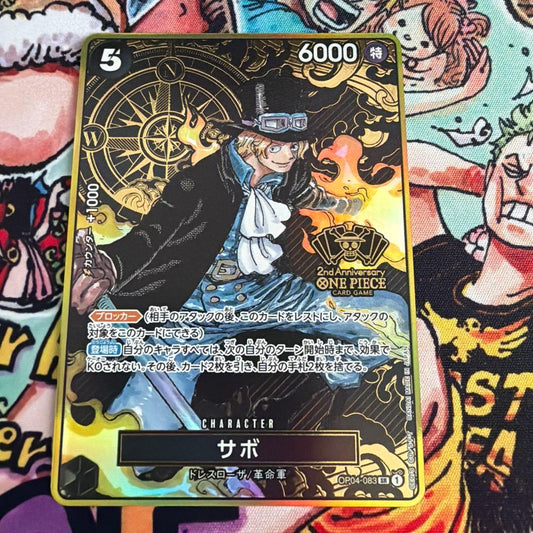Used Sabo 2nd Anniversary Promo Parallel One Piece Card OP04-083 Japanese edition with possible scratches