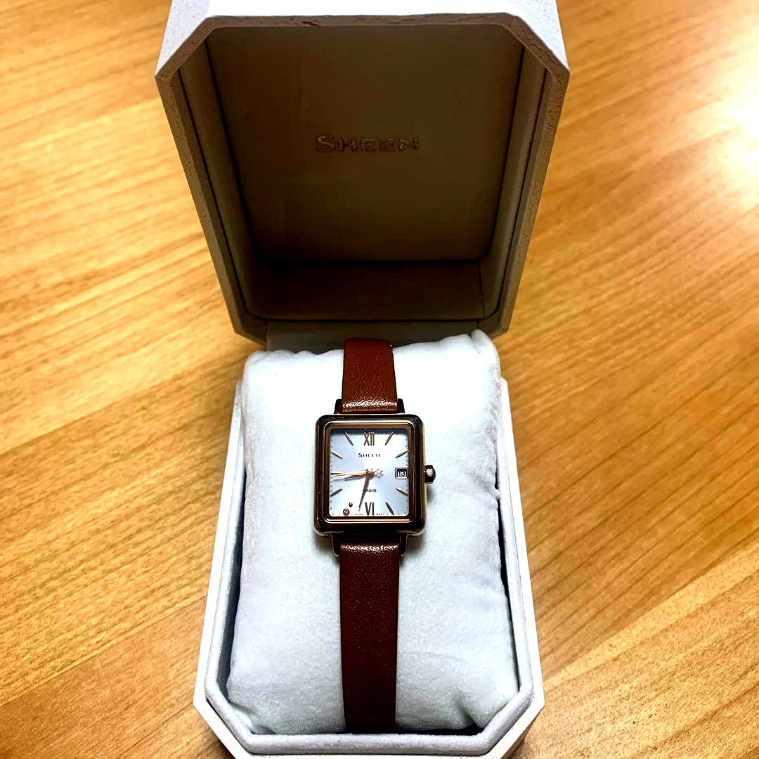 Casio Sheen Solar Sapphire square watch with brown leather band and brown dial