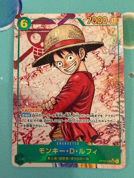 Monkey D. Luffy OP13 Secret Parallel trading card from One Piece series showing front design