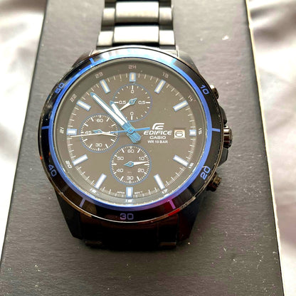 Casio Edifice analog quartz watch model CASIO with black and blue dial and stainless steel band