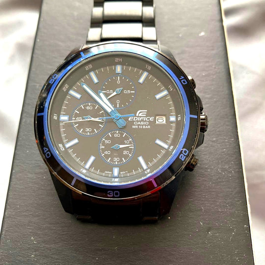 Casio Edifice analog quartz watch model CASIO with black and blue dial and stainless steel band