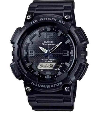 Casio AQ-S810W-1A2JF watch with black resin band displaying world time and solar power features