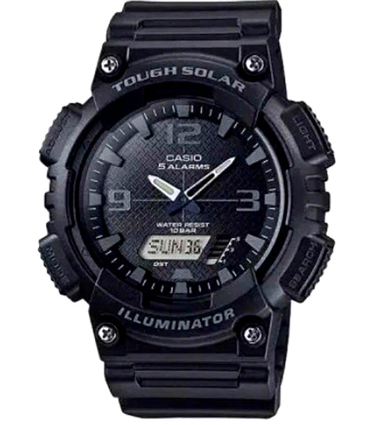 Casio AQ-S810W-1A2JF watch with black resin band displaying world time and solar power features