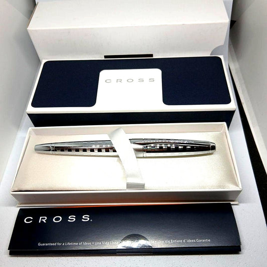 Cross brand silver metal ballpoint pen with stripe design shown in dedicated case without refill