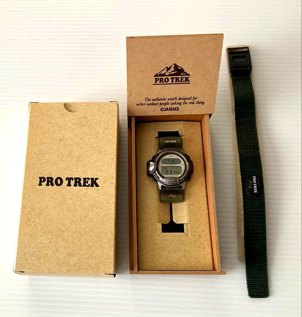 Casio Protrek Ley PRL-20 watch with green beige nylon strap showing dial and strap details