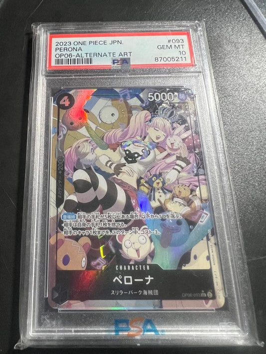 One Piece Pirates trading card featuring Perona, model OP06-093, PSA 10 graded parallel edition