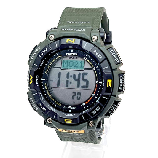 Casio Pro Trek PRG-340-3JF watch with solar power, triple sensor, black resin band, and digital analog display