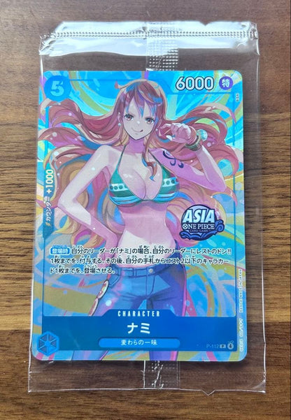 Asia limited promotion card featuring Nami character illustration P-112 from One Piece card game Japan import
