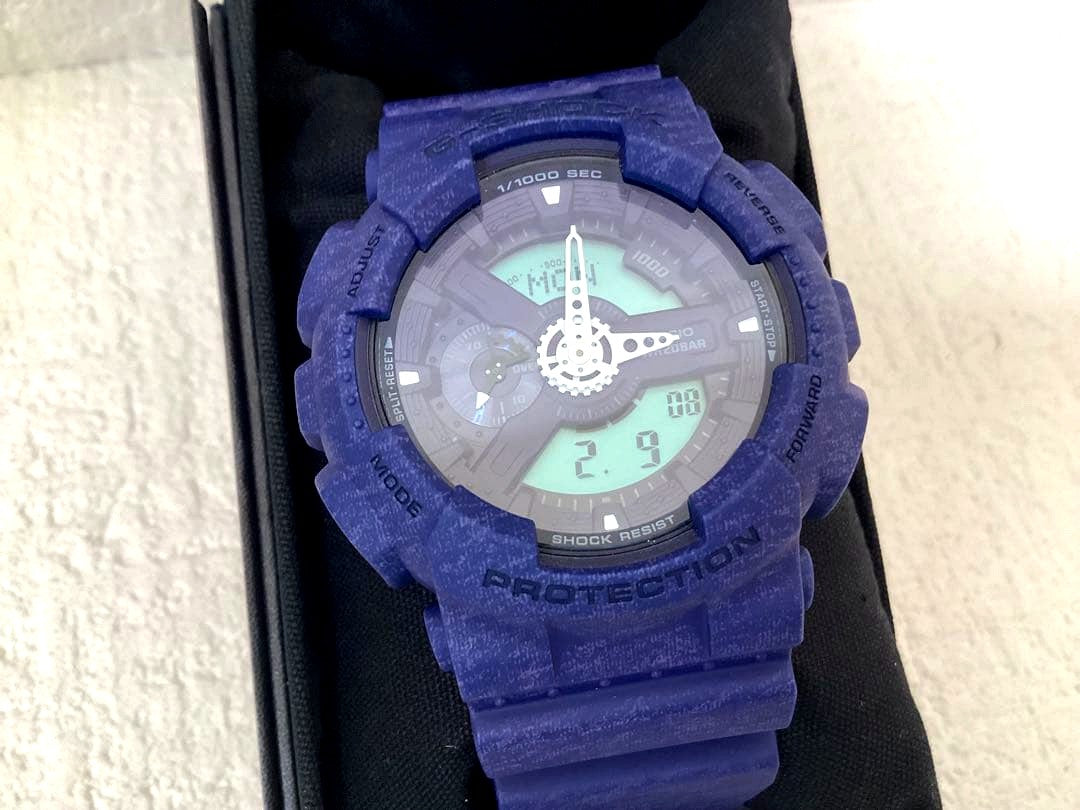Casio G-Shock Heathered Color Series GA-110HT-2A navy watch with analog-digital display and durable design