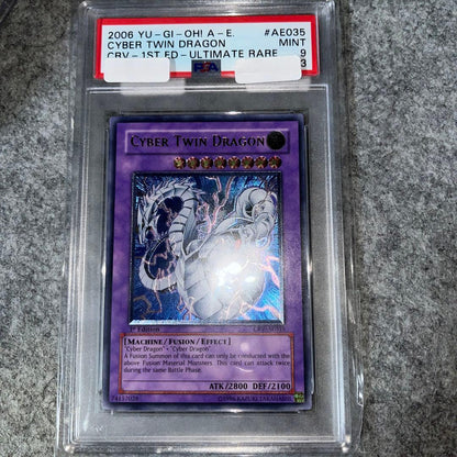 Yugioh Cyber Twin Dragon trading card graded PSA9 from old Asia relief series showing front artwork