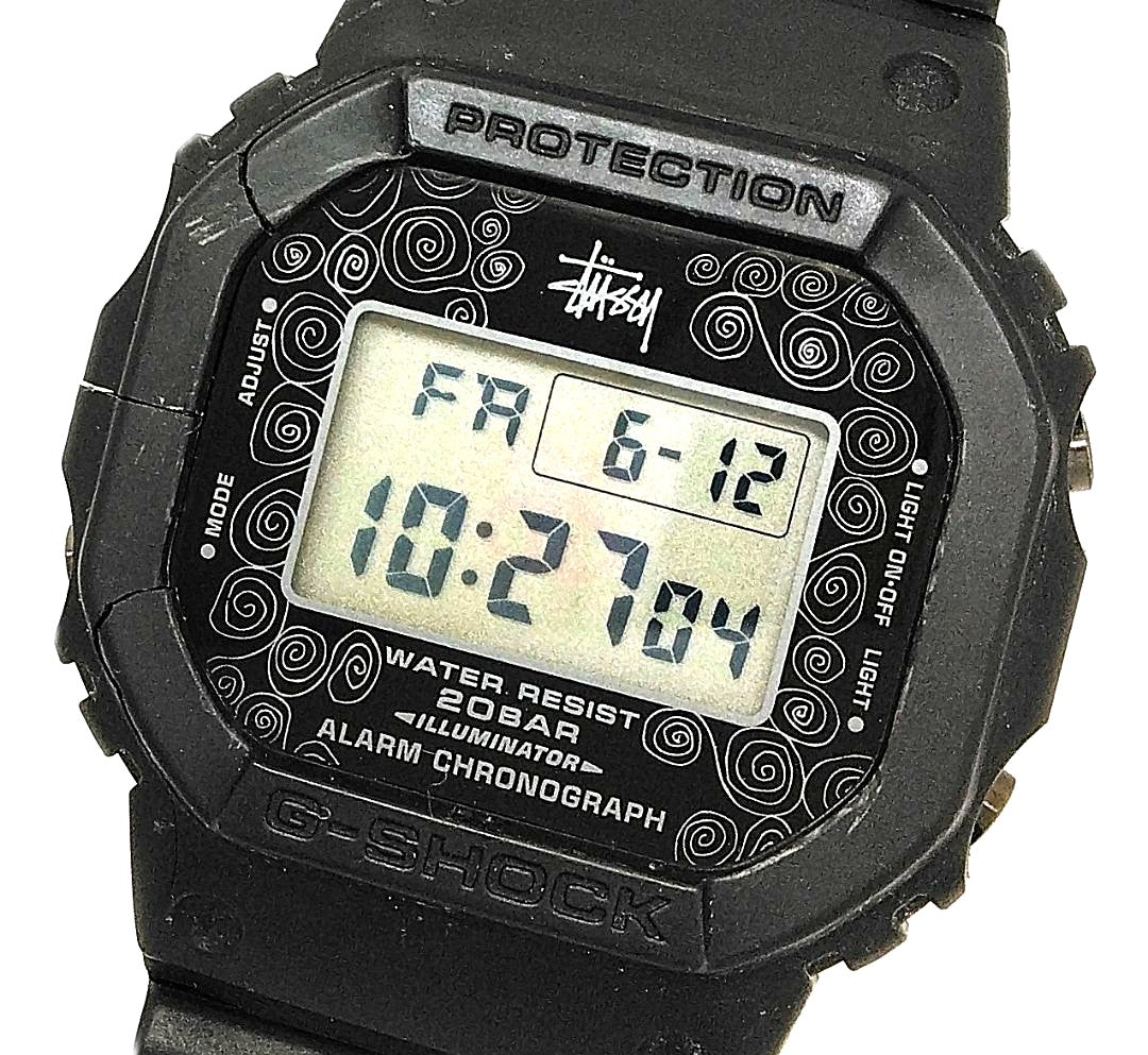 Casio G-Shock Stussy 25th Limited Edition DW5000ST solar-powered radio-controlled watch with stainless steel case and black rubber band