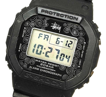 Casio G-Shock Stussy 25th Limited Edition DW5000ST solar-powered radio-controlled watch with stainless steel case and black rubber band