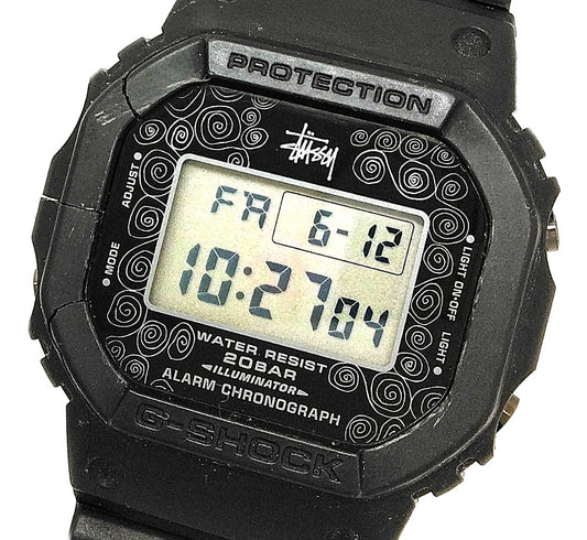 Casio G-Shock Stussy 25th Limited Edition DW5000ST solar-powered radio-controlled watch with stainless steel case and black rubber band