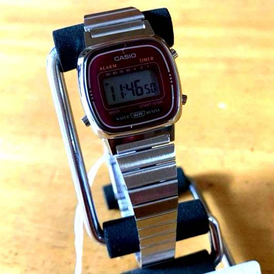 Casio Quartz LA670WA-4 ladies watch with Bordeaux dial and silver band
