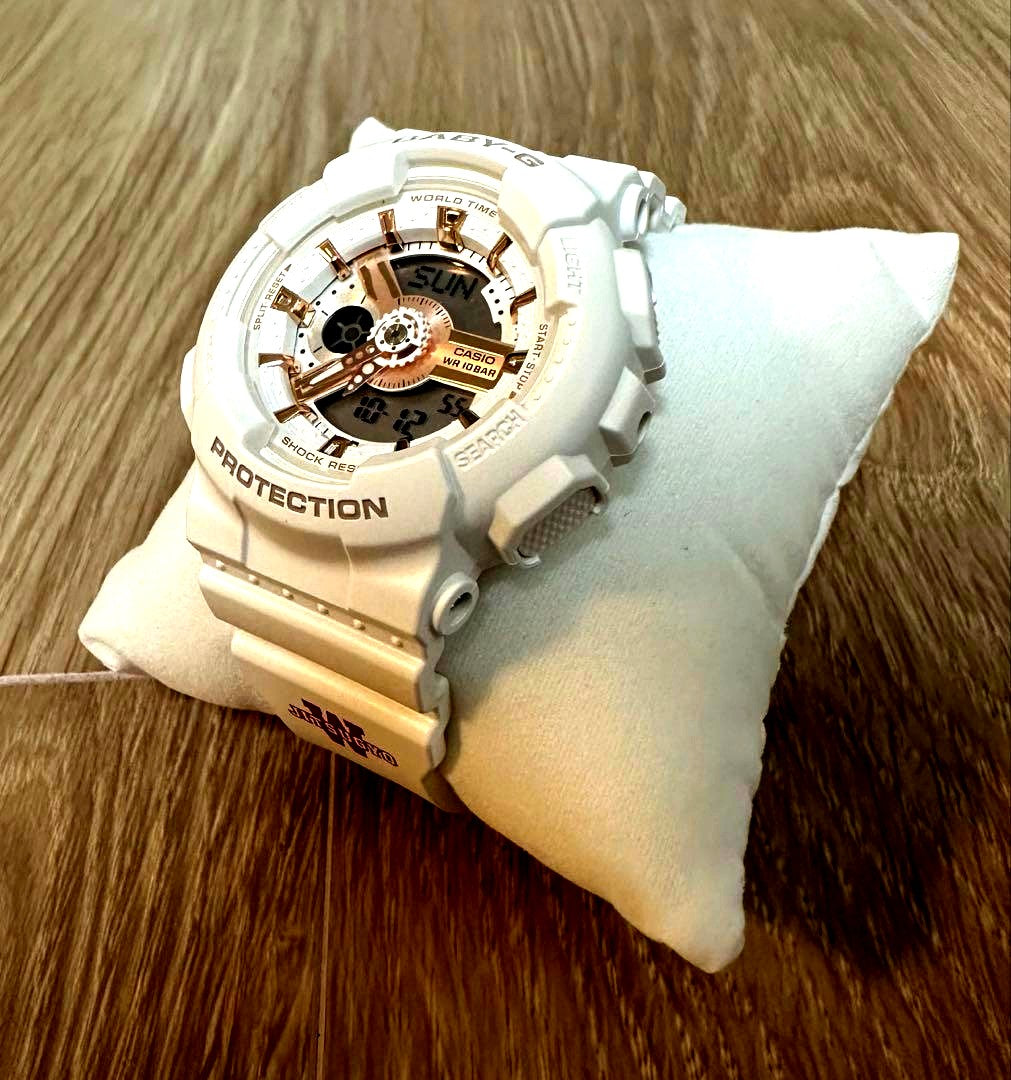 Casio G-Shock BA-110XRG watch with Waseda Jitsugyo logo on band, displayed with original box