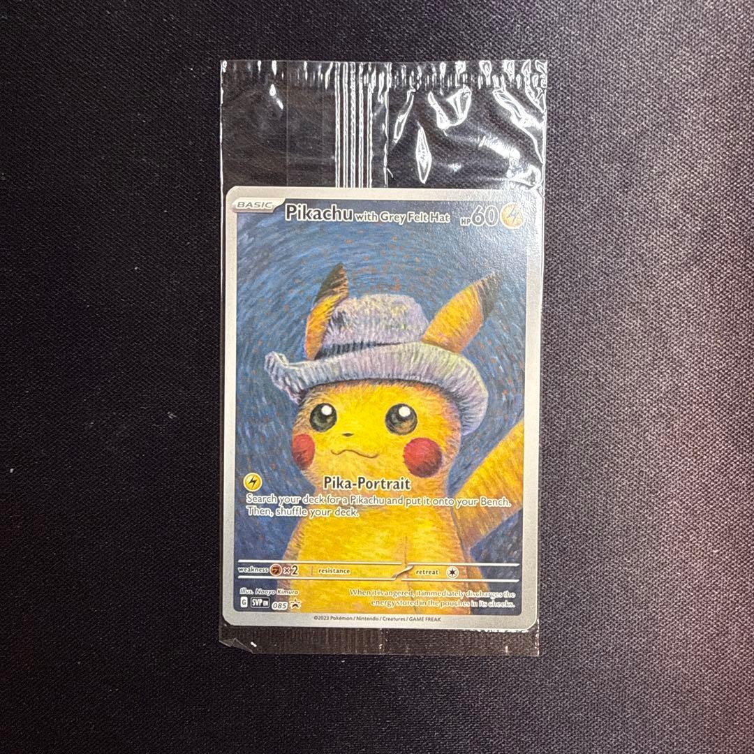 Unopened Pokemon card featuring Gogh Pikachu with grey felt hat from US Pokemon Center