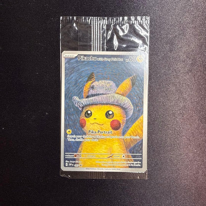 Unopened Pokemon card featuring Gogh Pikachu with grey felt hat from US Pokemon Center