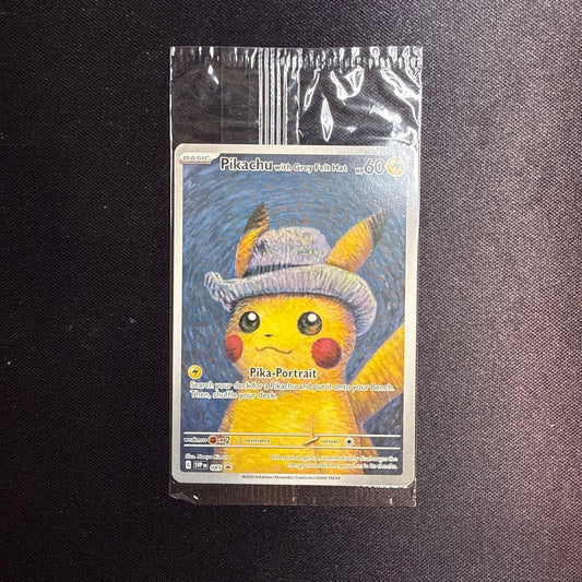 Unopened Pokemon card featuring Gogh Pikachu with grey felt hat from US Pokemon Center